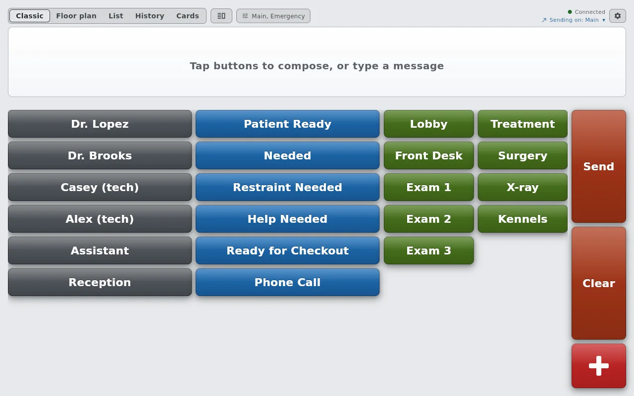 The AltoSignal board for a veterinary clinic: Dr. Lopez, Dr. Brooks, two technicians, Assistant, and Reception; Patient Ready, Needed, Restraint Needed, Help Needed, Ready for Checkout, Phone Call; Lobby, Front Desk, Exam 1 to 3, Treatment, Surgery, X-ray, Kennels